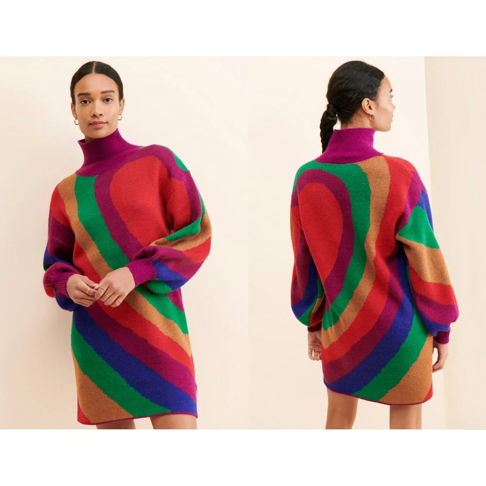NWT FARM RIO Rainbow Wild Hearts Sweater Dress Bubble Sleeve Mock Neck Mini S - Picture 1 of 14